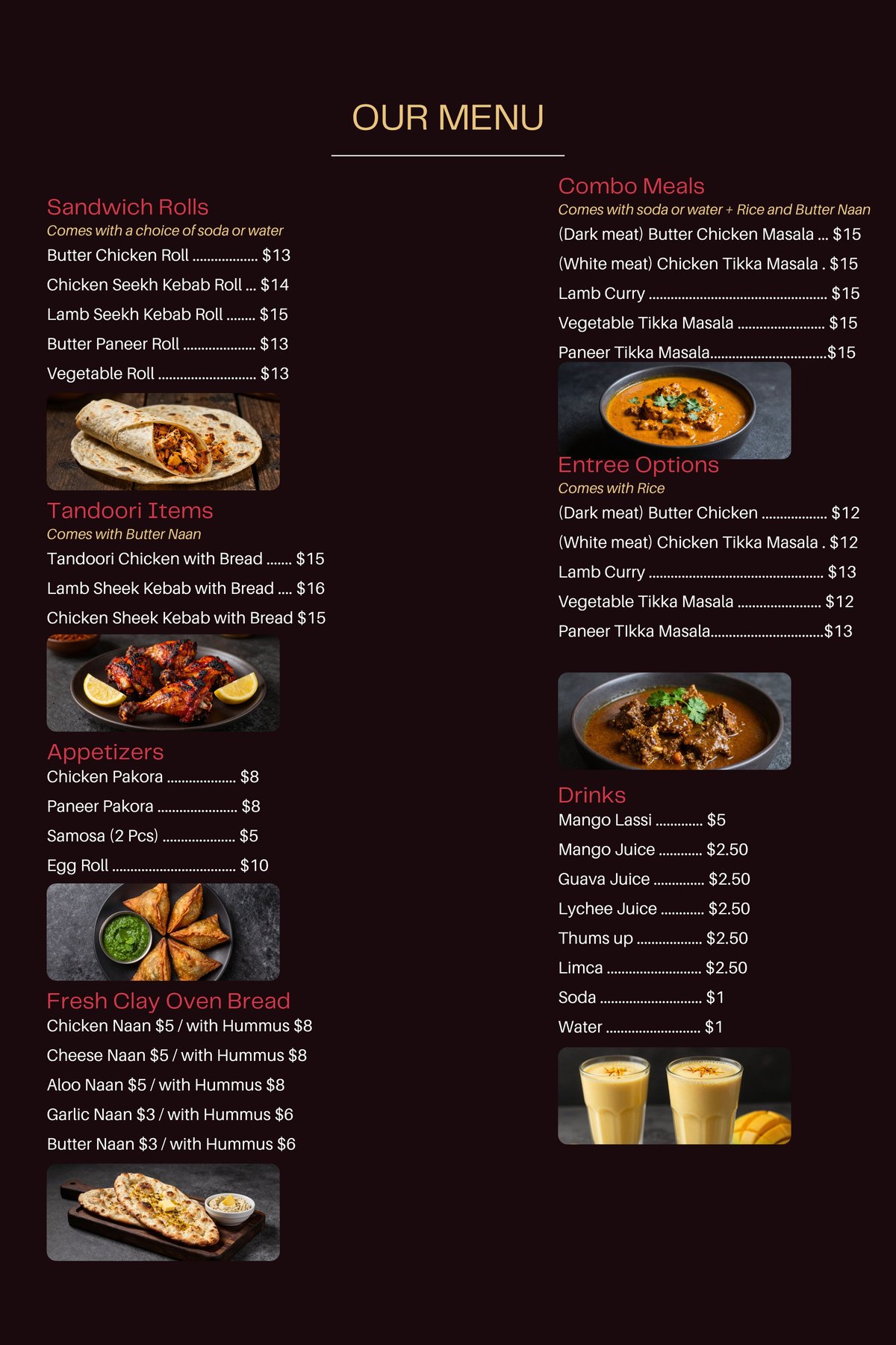 Restaurant menu featuring tandoori and curry dishes, rolls, appetizers, naan bread, and drinks with prices