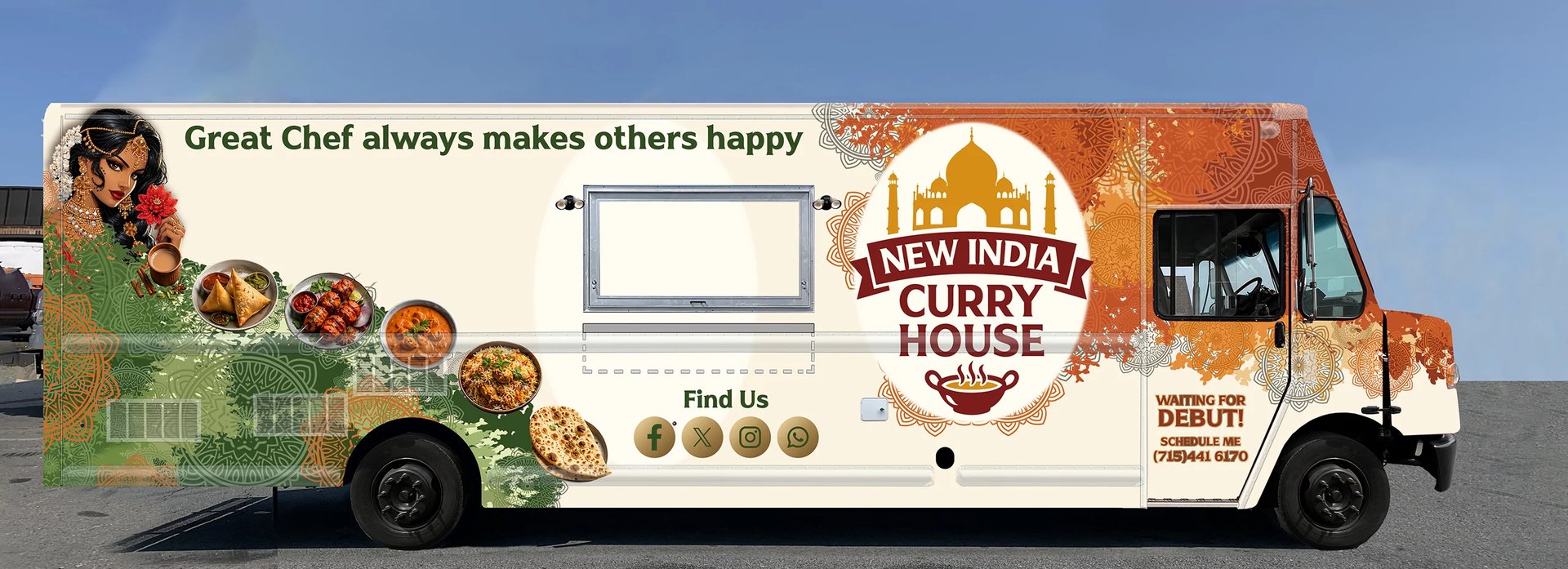 India Curry House food truck with beige exterior, logo, and chef imagery displaying text Great Chef always makes others happy