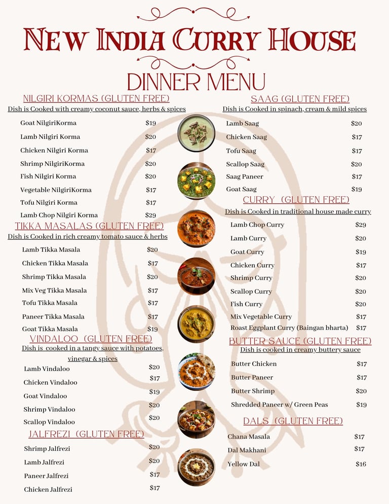 New India Curry House dinner menu with prices for curries, biryanis, tandoori, and dals, featuring food photos