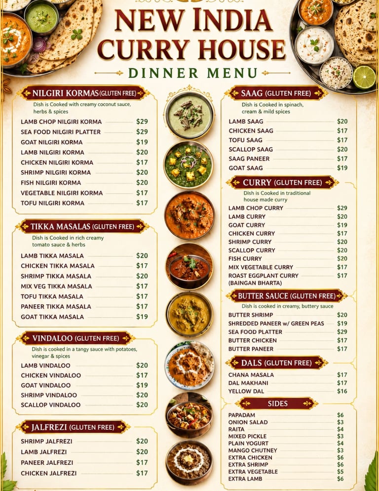 New India Curry House dinner menu featuring Indian dishes organized by categories including curries, masalas, dals, and sides with prices