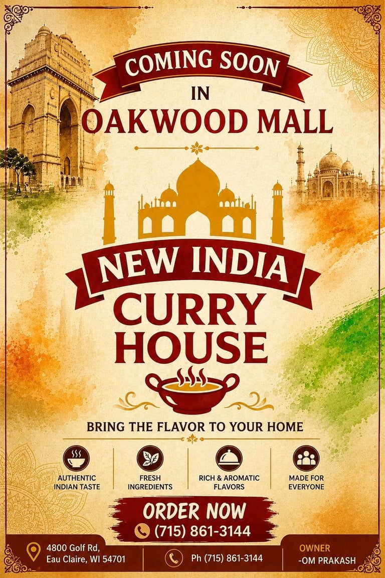 Coming soon flyer for New India Curry House at Oakwood Mall with Indian architecture imagery and contact details