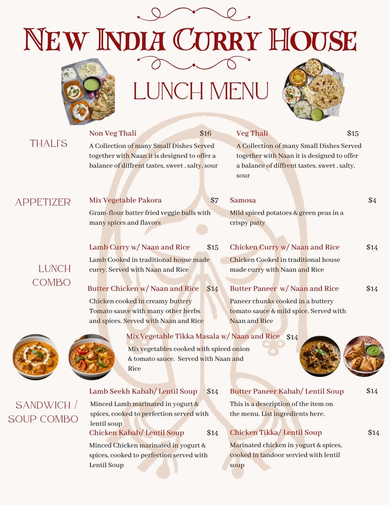 New India Curry House lunch menu featuring thallis, appetizers, and combo meals with prices and descriptions