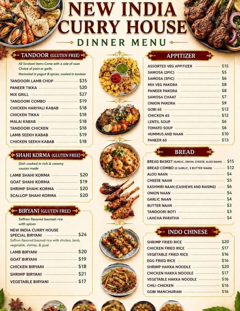 New India Curry House dinner menu featuring tandoor, shahi korma, biryani, appetizers, bread, and Indo Chinese dishes with prices