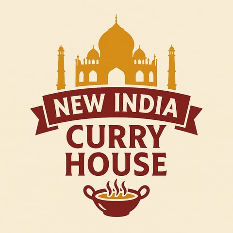 Logo for New India Curry House restaurant featuring a golden Taj Mahal silhouette, burgundy banner with white text, and a steaming cooking bowl below
