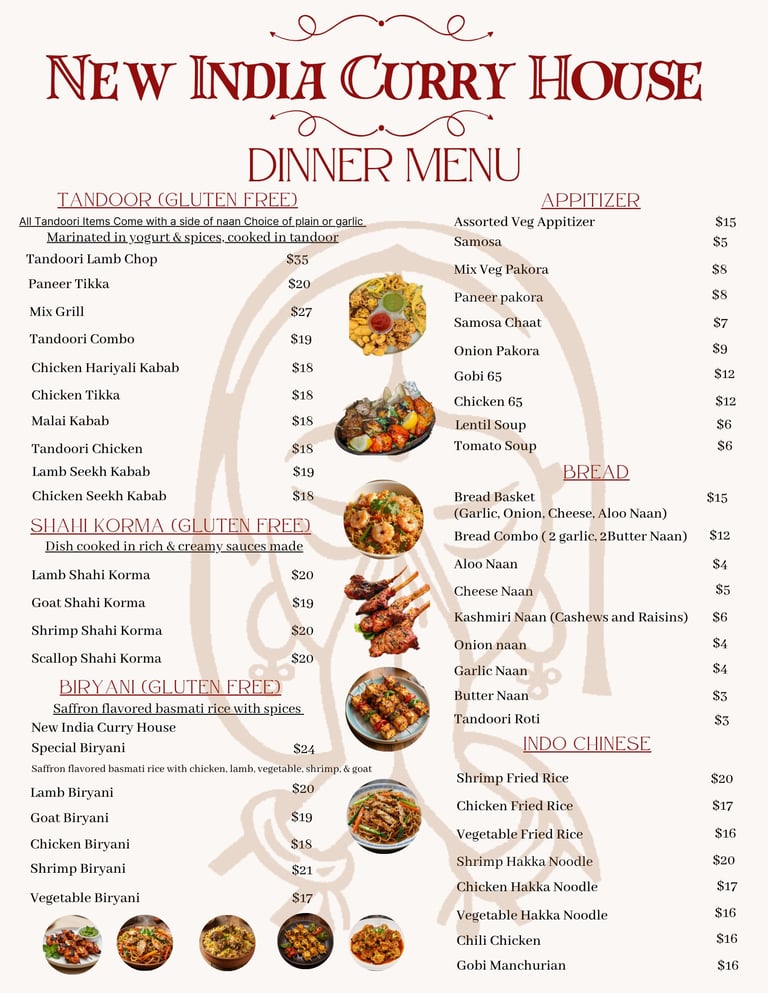 New India Curry House dinner menu featuring tandoori, curry, biryani, and fried rice dishes with prices